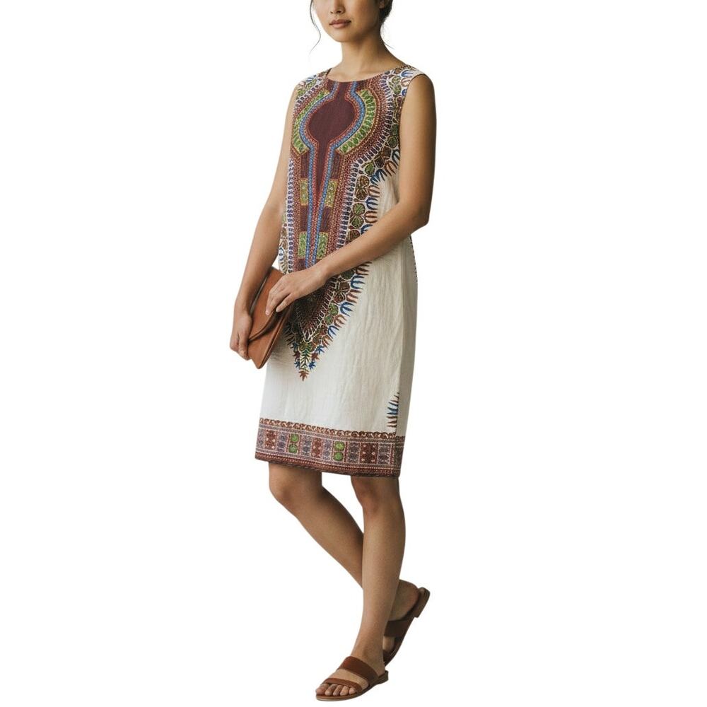 Vintage Handmade White Dashiki Print Sleeveless Shift Dress Womens Medium